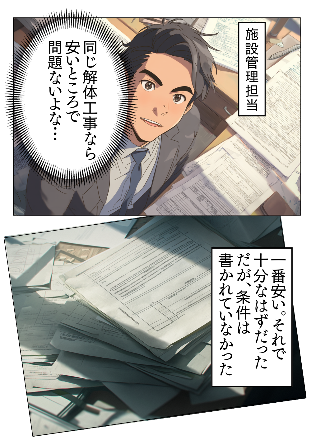 エスカレーター解体の見積を金額だけで比較し、条件不足に気づかない施設管理担当者の場面